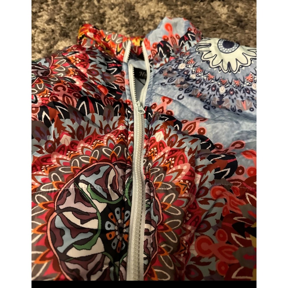 Womens Mandala Print Cropped Puffer Jacket Multi Color Boho Zip Up M - Picture 2 of 3